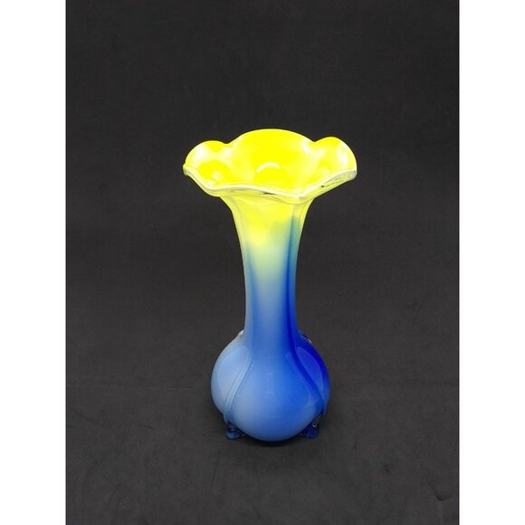 Art glass vase tulip floral style yellow blue swirl Bud Vase 8" - Picture 3 of 12